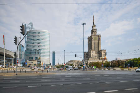 WARSAW. POLAND - AUGUST 2015: Architecture of Warsaw along city roads. Buildings along the roads. Skyscrapers. Palace of Culture and Science. The crosswalk. High quality photoのeditorial素材