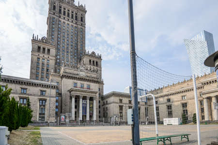 WARSAW. POLAND - AUGUST 2015: Architecture of Warsaw along city roads. Buildings along the roads. WARSAW. POLAND - August 2015: skyscrapers, business center. Road sign.のeditorial素材