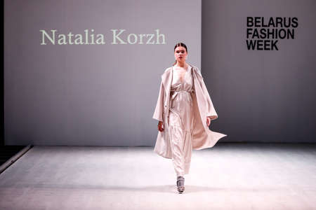 Minsk. Belarus. 03 April 2021: Anniversary 20th season Online - BELARUS FASHION WEEK. Presentation...