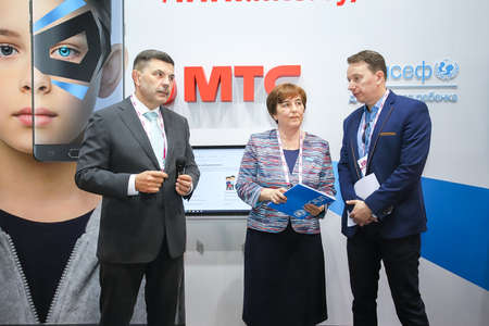 Minsk. Belarus - 31.05.2021: TPresentation at the stand of the telephone company MTS Belarus within the Thibault 2021 exhibition.のeditorial素材