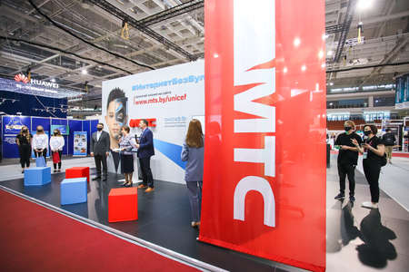 Minsk. Belarus - 31.05.2021: The stand of the telephone company MTS Belarus within the Tibo 2021 exhibition in Minsk.のeditorial素材