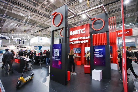 Minsk. Belarus - 31.05.2021: The stand of the telephone company MTS Belarus within the Tibo 2021 exhibition in Minsk.のeditorial素材
