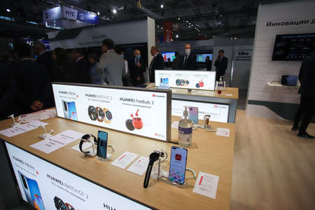 Minsk. Belarus - 01.06.2021: The stand of the international company Huawei within the Tibo 2021 exhibition in Minsk.のeditorial素材