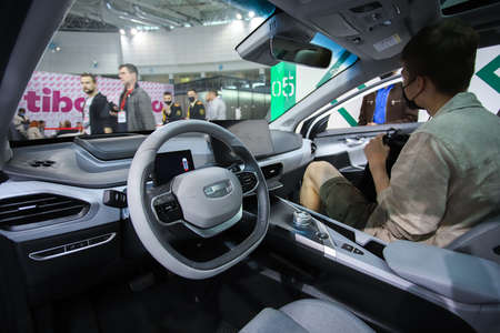 Minsk. Belarus: 06.03.2021 - White Chevrolet car with the 5G logo in the Tibo exhibition pavilion in Minsk. Belarus.のeditorial素材