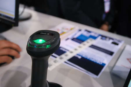Minsk. Belarus - 1.06.2021: Barcode scanner at the stand within the framework of the TIBO exhibition in Minsk.のeditorial素材