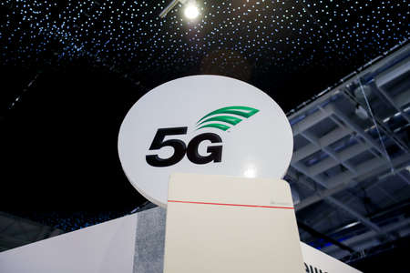 Minsk. Belarus: 01.06.2021 - 5G logo on one of the booths of the TIBO exhibition.のeditorial素材