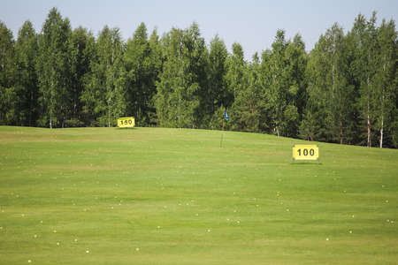 Driving range ongolf course on a green golf course with a forest in the background.の写真素材