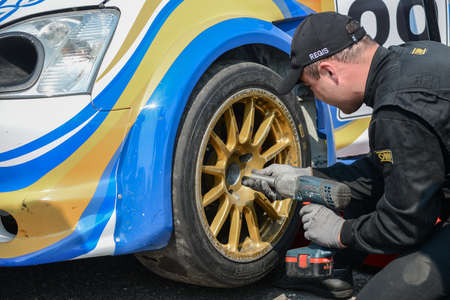 Kaunas. Lithuania - 07.06.2015 - Close-up of a car wheel, race, competition.のeditorial素材