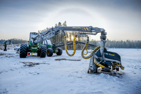 Belarus - 02.02.2015 - Machines for deforestation, timber production.のeditorial素材