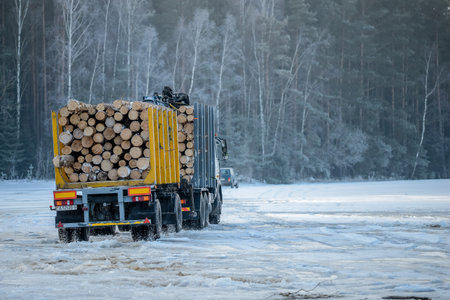 Belarus - 02.02.2015 - A timber truck loaded with trees in winter in the forest on the snow foyer.のeditorial素材
