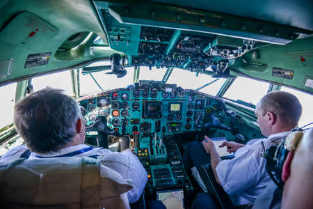 Switzerland - 05.29.2015 - The cockpit on the plane. View from the airplane window. Aircraft control devices.のeditorial素材