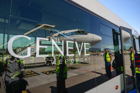 Switzerland - 05.29.2015 - Bus on a runway. Airport transportation. High quality photoのeditorial素材