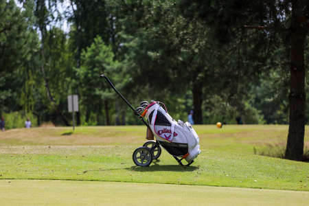 Minsk. Belarus - 25.07.2021 - Push-Pull Golf Carts on the field. Green grass, trees. High quality photoのeditorial素材