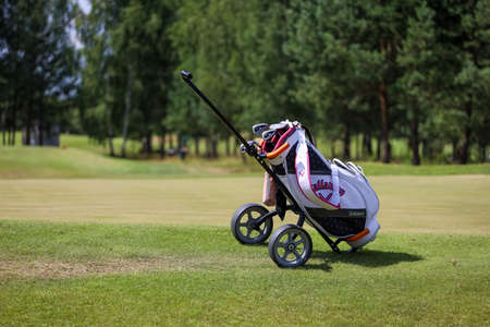 Minsk. Belarus - 25.07.2021 - Push-Pull Golf Carts on the field. Green grass, trees. High quality photoのeditorial素材