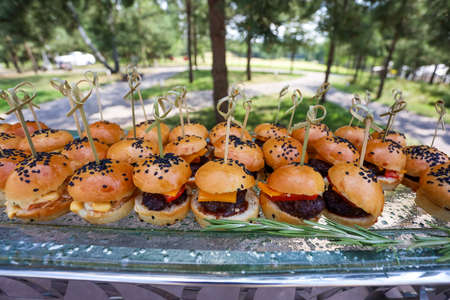 Mini burgers with black sesame seeds at the buffet table.の写真素材