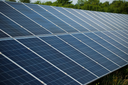 Solar panels fields on a green hills.の写真素材