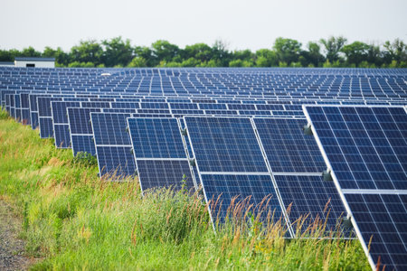Solar cell station in the field. Natural energyの写真素材
