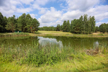 Lake surrounded by greenery on the territory of the golf club. Artificial reservoir.の写真素材