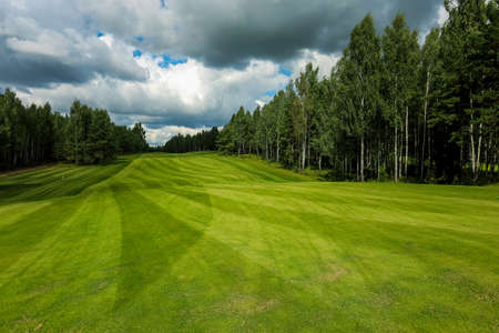 Golf course, landscape, green grass on the background of the forest and a bright sky with clouds. High quality photoの写真素材