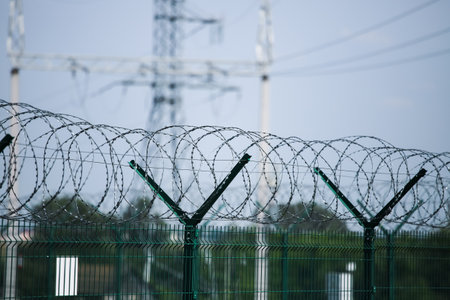 Barbed wire, strictly guarded object against the background of the power lineの写真素材