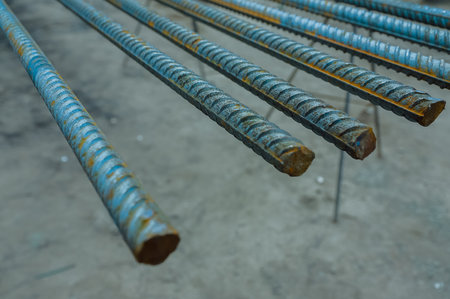 Reinforcing bars with the periodic profile in the packs are stored in the metal products warehouse,の写真素材