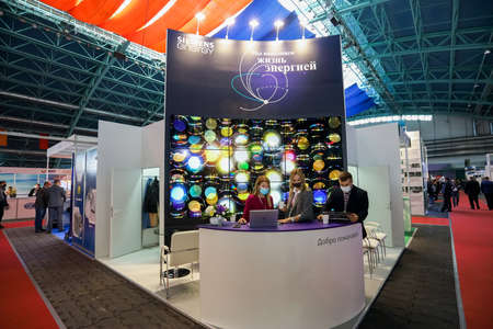 Minsk. Belarus: 12.10.2021 - Siemens stand in the Energy Expo exhibition in Minsk.のeditorial素材