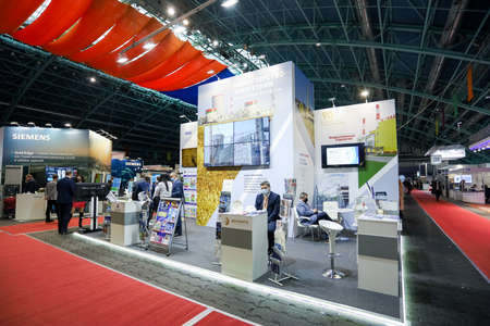 Minsk. Belarus: 12.10.2021 - The stand of the Belarusian NPP at the Energy Expo exhibition in Minsk.のeditorial素材