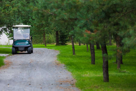 Electric golf car on the green field with passengers. High quality photoの写真素材