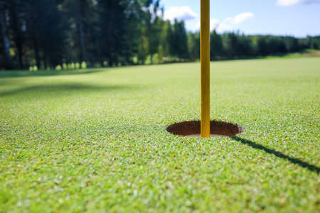 View from above. Golf hole on a green grassの写真素材