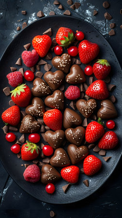 chocolate covered strawberries on a black slab, in the style of romantic atmosphere, scattered composition, humor meets heart, low depth of field, soggy, symmetrical asymmetry, smooth linesの素材