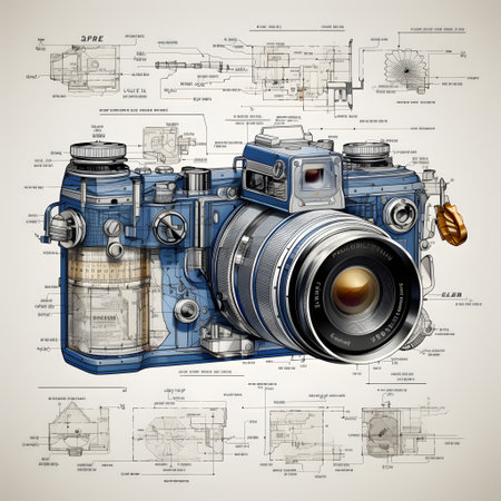Highly rendering of a vintage camera with technical drawings on the backgroundの素材