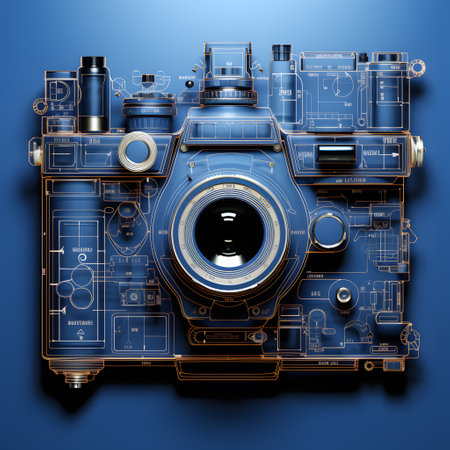 Highly rendering of a vintage camera on a dark blue background.の素材