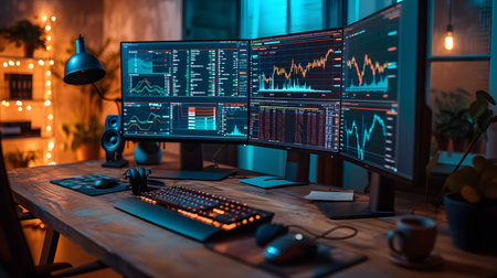 Computer monitors with stock market data on the table in the dark roomの素材