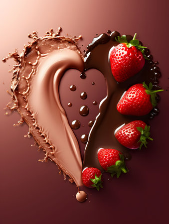 Chocolate heart with strawberry on a brown background. 3d renderingの素材