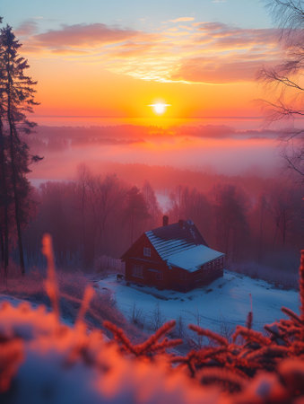 Winter landscape with red house in the misty forest at sunrise.の素材