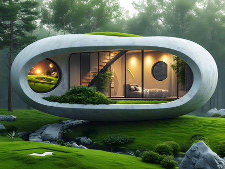 3d rendering of a green house in the middle of the forestの素材