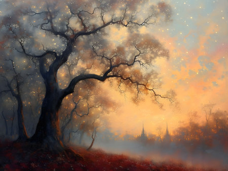 Digital painting of an old tree in a misty forest at sunsetの素材