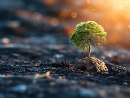 Small tree growing on soil with sunlight. Nature and environment concept.の素材