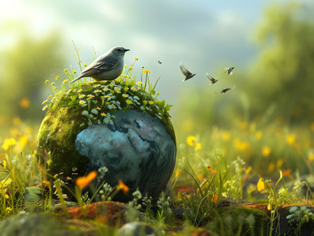 Little bird sitting on the globe in the meadow with flowers.の素材