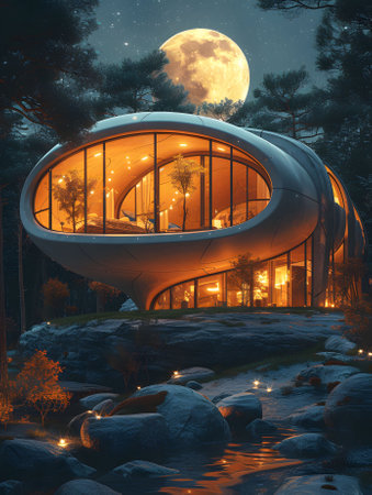 Modern building in the forest at night with full moon. 3D renderingの素材