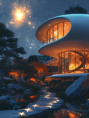3d render of modern architecture with beautiful landscape in the background.の素材