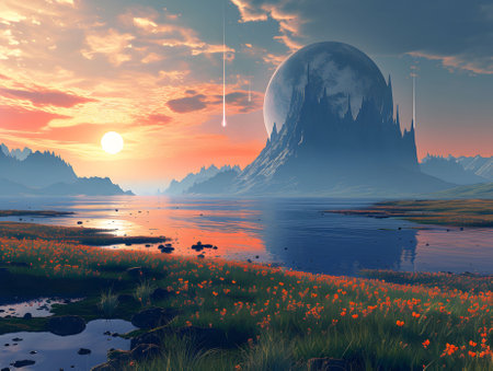 fantasy alien planet. mountain and lake. 3D illustration.の素材