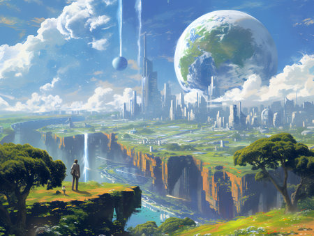 Fantasy landscape with planet and city on the background of the earthの素材