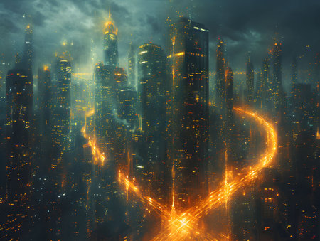 Futuristic city with glowing lights in the night. 3D renderingの素材