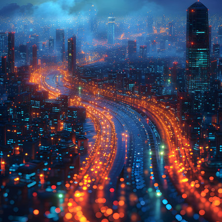 Highway in the city at night with neon lights. 3d renderingの素材