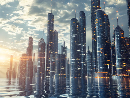 Futuristic skyscrapers in the city. 3d renderingの素材
