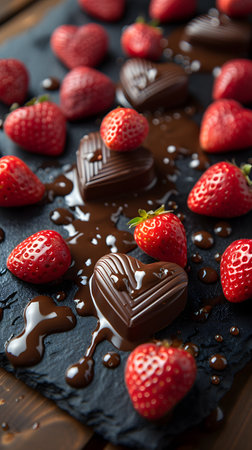 chocolate covered strawberries on a black slab, in the style of romantic atmosphere, scattered composition, humor meets heart, low depth of field, soggy, symmetrical asymmetry, smooth linesの素材
