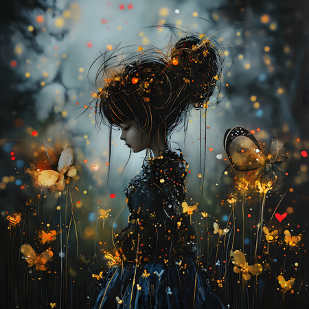 a girl with her hair in a flower field and butterflies on, in the style of darkly romantic illustrations, golden palette, mixes realistic and fantastical elements, dark whimsy, trapped emotions depicted, lyco artの素材