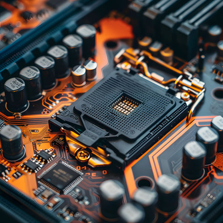 Close-up of electronic circuit board. Electronic computer hardware technology.の素材