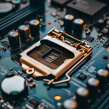 Close-up of electronic circuit board with processor and microchipsの素材